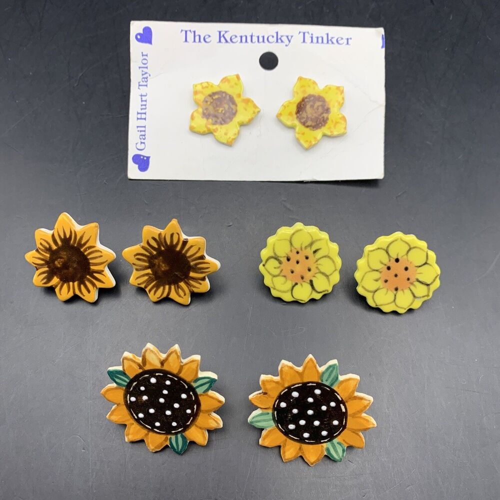 Sunflower Earrings Lot Yellow Orange Pierced Porcelain Ceramic Statement Floral